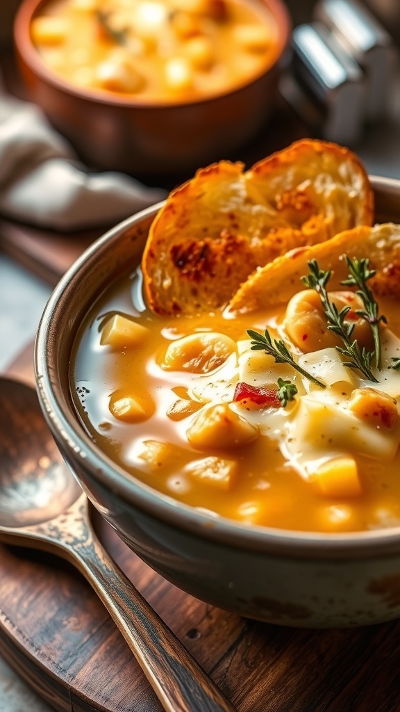 A bowl of Onion Knight soup with cheese and toasted bread, garnished with thyme.